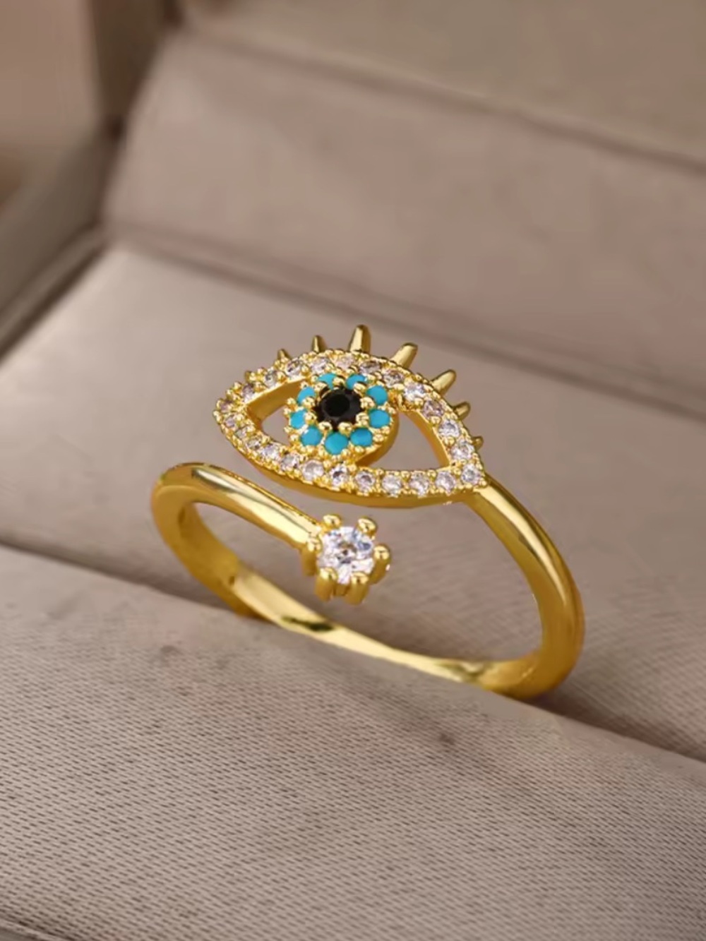 Gold Evil Eye Open Ring with Blue Accents - Women Jewelry